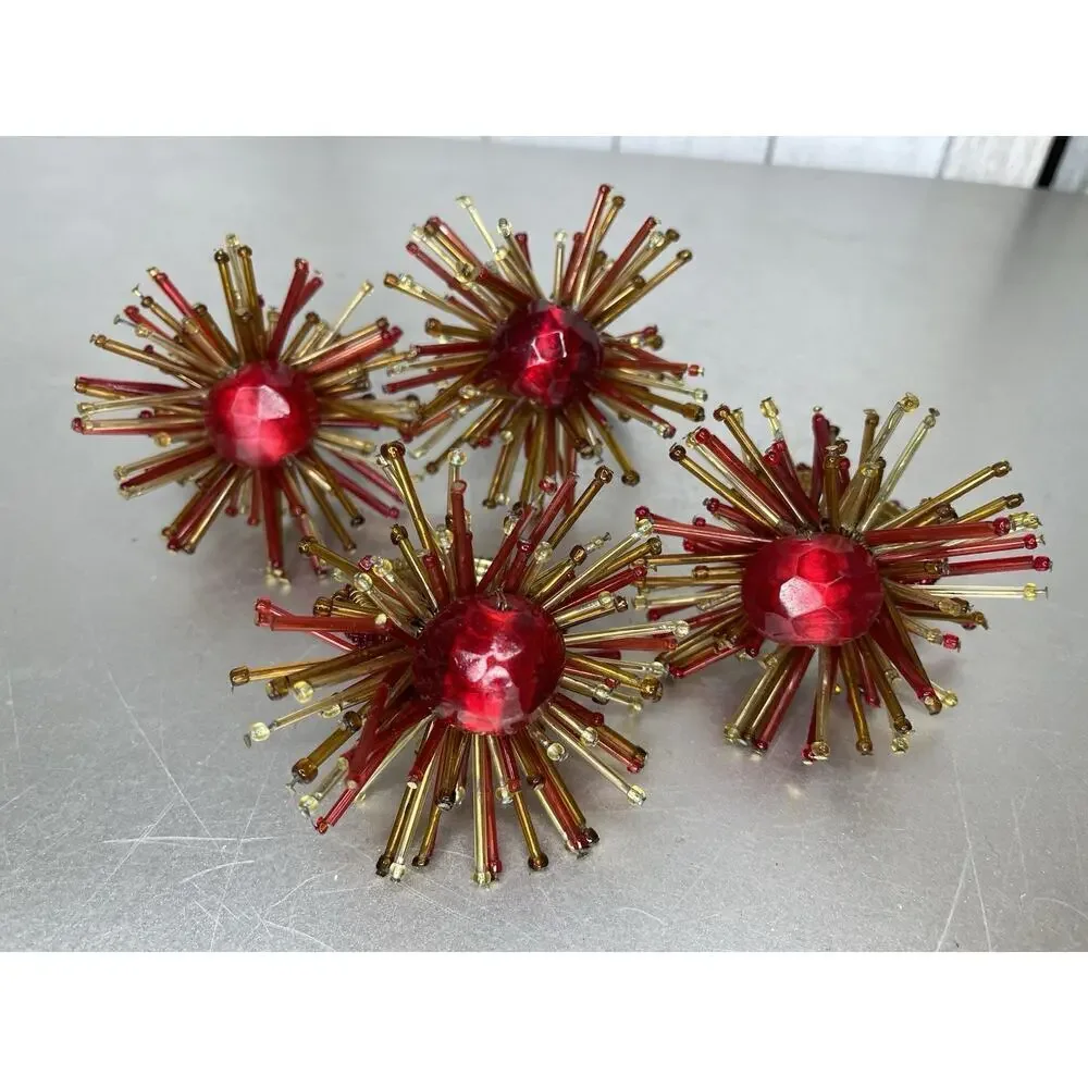 Pier 1 Starburst Napkin Ring Set MCM Look Retro Atomic Red Gold Set Of 4